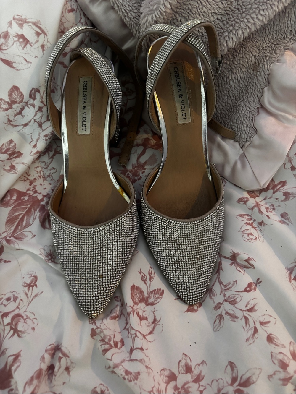 Chelsea & Violet Silver Crystal Pointed Toe Slingback Pumps